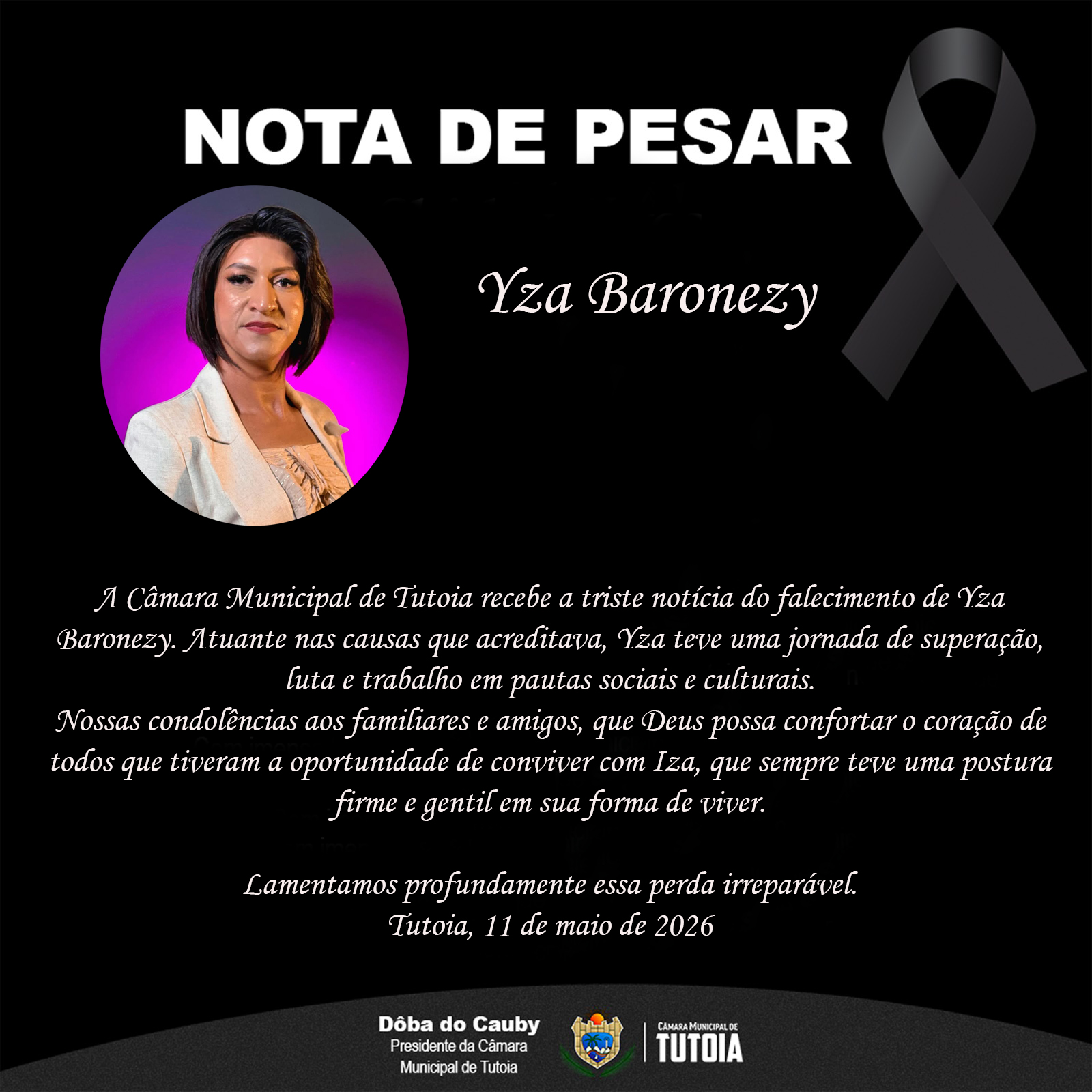 Nota de pesar pelo falecimento de Yza Baronezy  